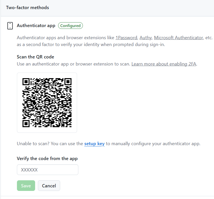 01-5 Stránka Password and authentication s tlačidlom Enable two-factor authentication
