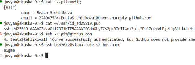 02-14 Terminal s cat .gitconfig, výpisom kľúča, ssh -T a ssh sigma hostname