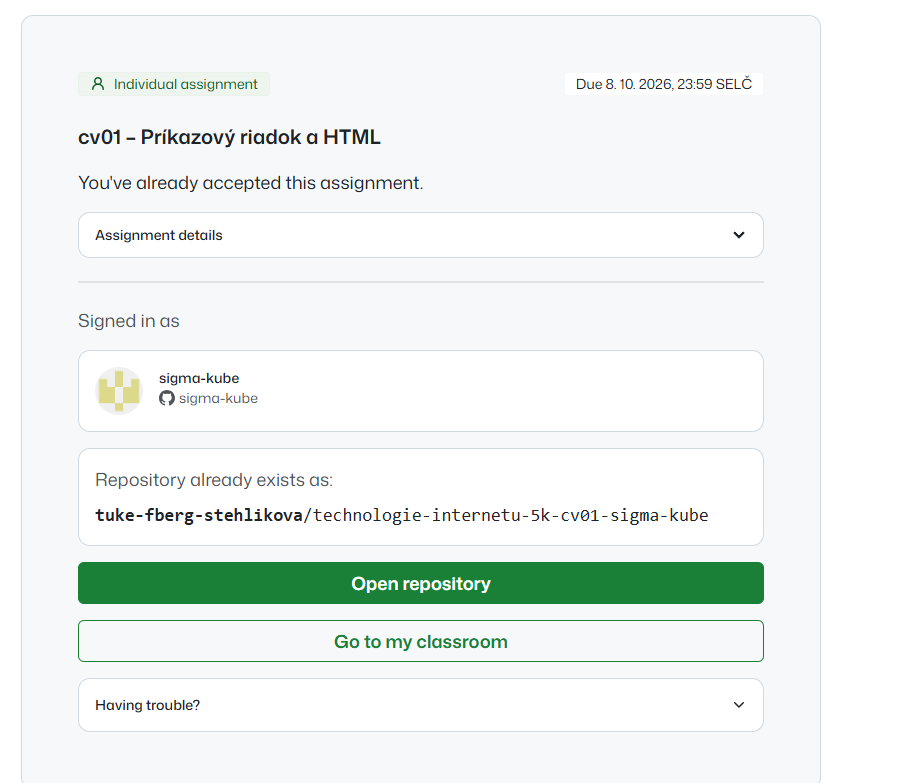 04-1 Zadanie je prijaté, repository existuje, tlačidlo Open repository (pri prvom otvorení je tu Accept assignment)
