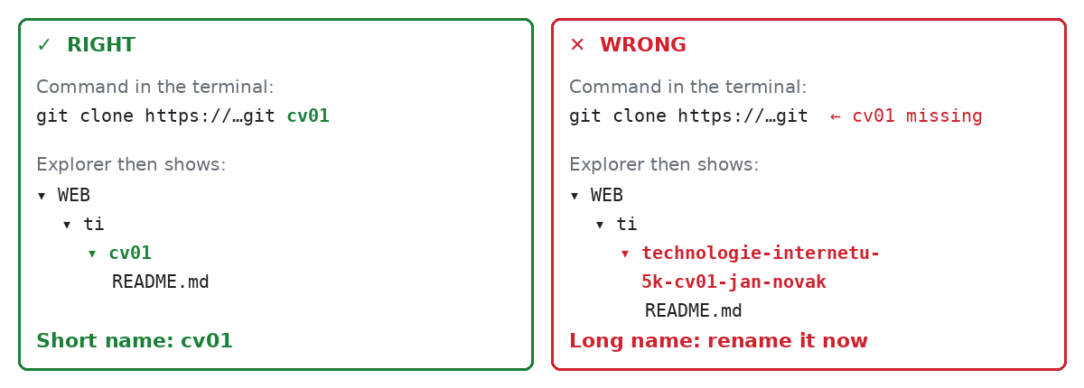 04-3c Right: the cv01 folder. Wrong: a folder with the long repository name
