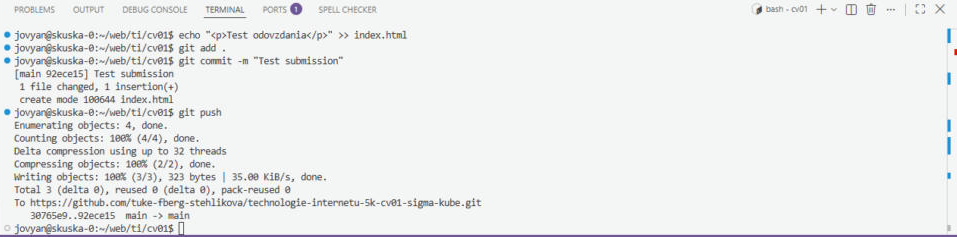 04-5 Terminal s git add, commit a push, na konci main -> main
